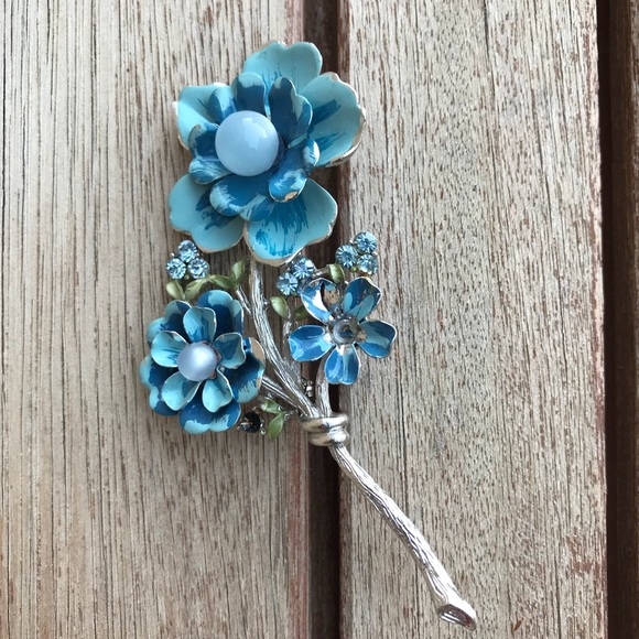 Vintage Brooch Silver Blue Enamel Flower Pin 60s - Picture 8 of 8